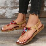 Rimocy 2023 Summer Women Bohemian Beach Sandals Colorful String Beads Gladiator Shoes Woman Retro Clip Toe Flat Sandalia
