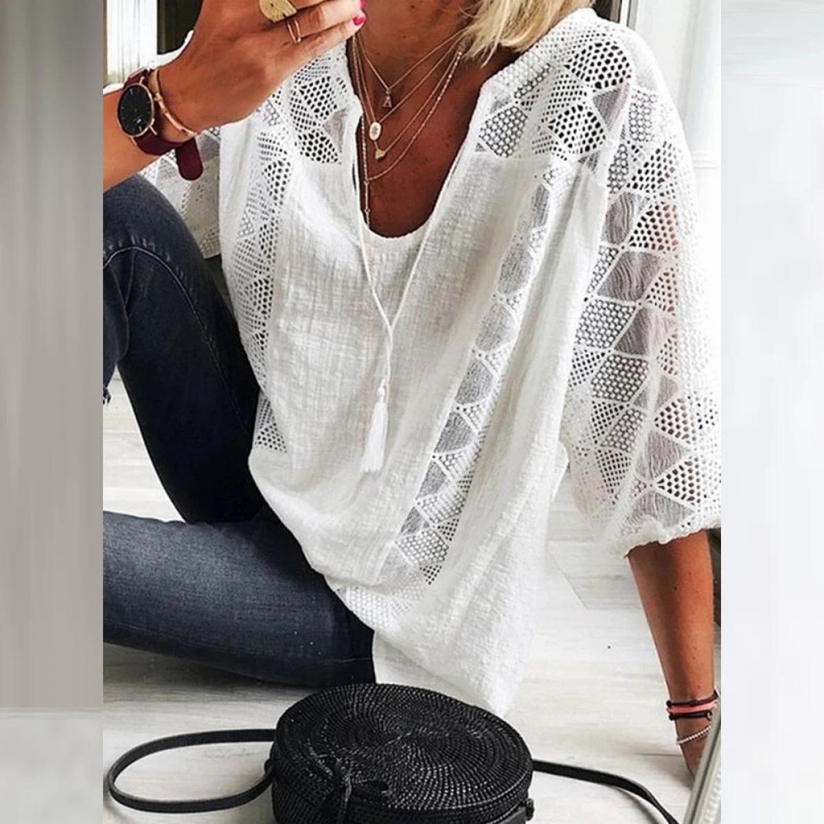 33 67 Chemise noire tunique femme coton lin tunique haut col en V manches 3 4 t shirt d ete Description