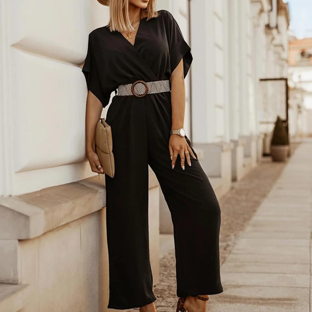 Tuta intera da donna 2024 Tuta estiva a maniche corte a vita alta a vita alta Pantaloni lunghi larghi a gamba larga slim fit
