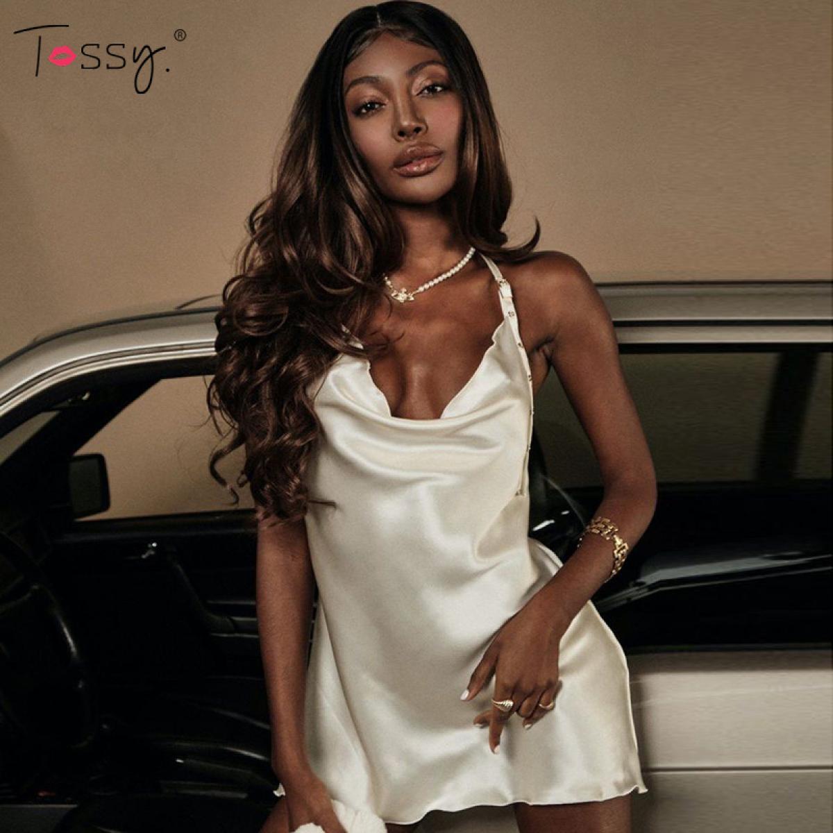 Satin solide robe licou femmes ete decontracte Mini robe moulante mince dos nu Clubwear sans manches robes