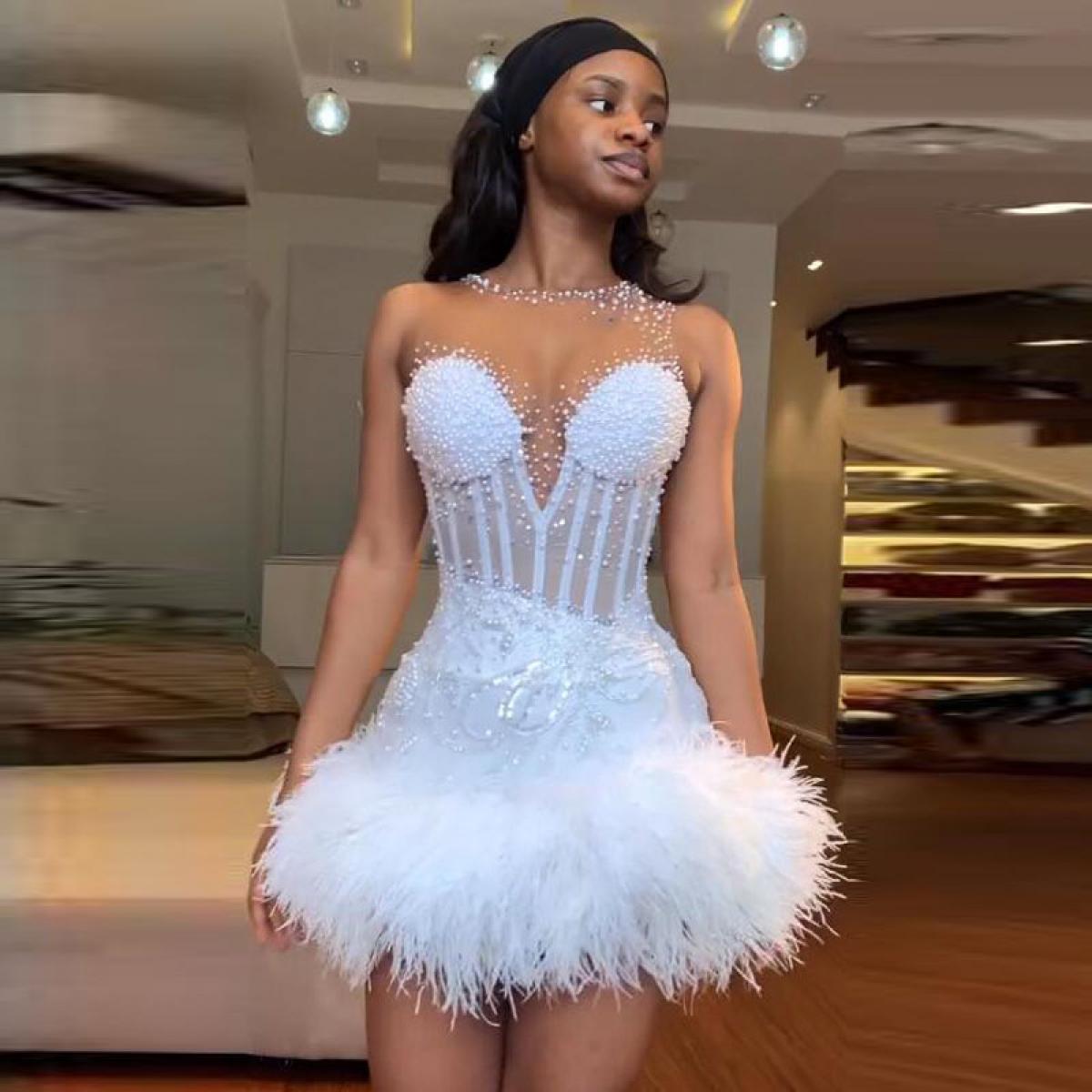 US 197.74 Chic And Unique Style White Evening Dress With Feathers Beading Mini Prom Dress Pearls Short Birthday Party Dresses For Description