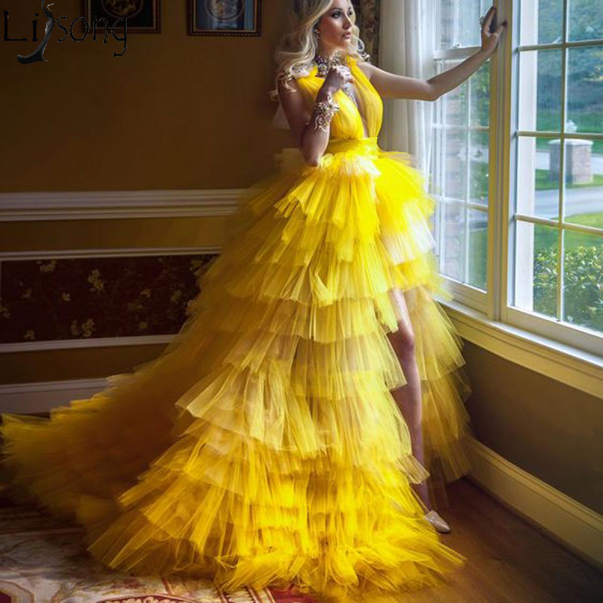 US 178.29 Amazing Yellow High Low Prom Dresses Puffy Tiered Tulle Deep V Neck Pageant Formal Dress Sweep Train Evening Party Gowns Description
