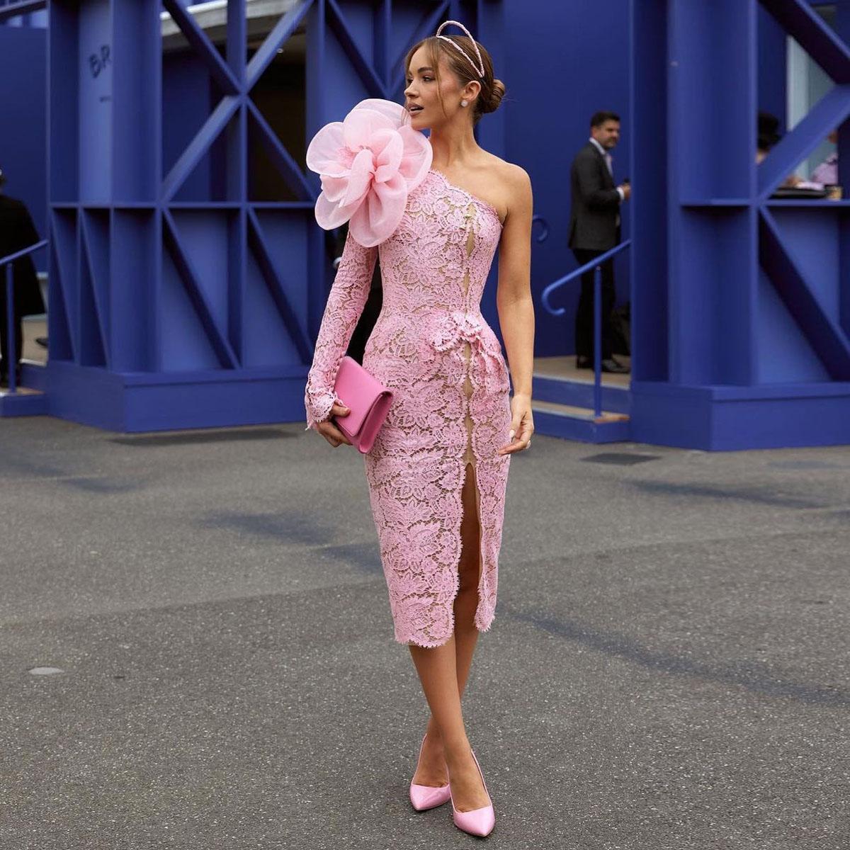 Dress with big flower on shoulder clearance