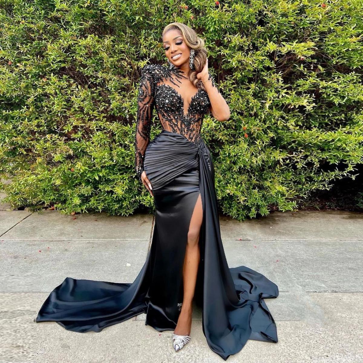 Robe de soiree de luxe avec perles style sirene tenue de bal africaine arabe dubai fente laterale cristaux effet d illusi