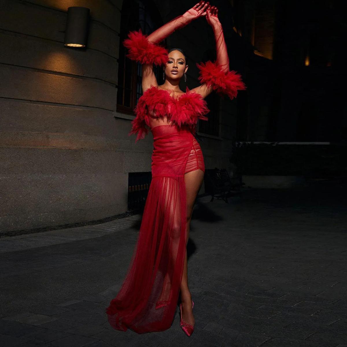 US 110.23 See Thru Red Prom Dresses With Sleeve Gloves Mini Length Ruffled Tulle Night Club Party Dress Spaghetti Chic Cocktail D Description