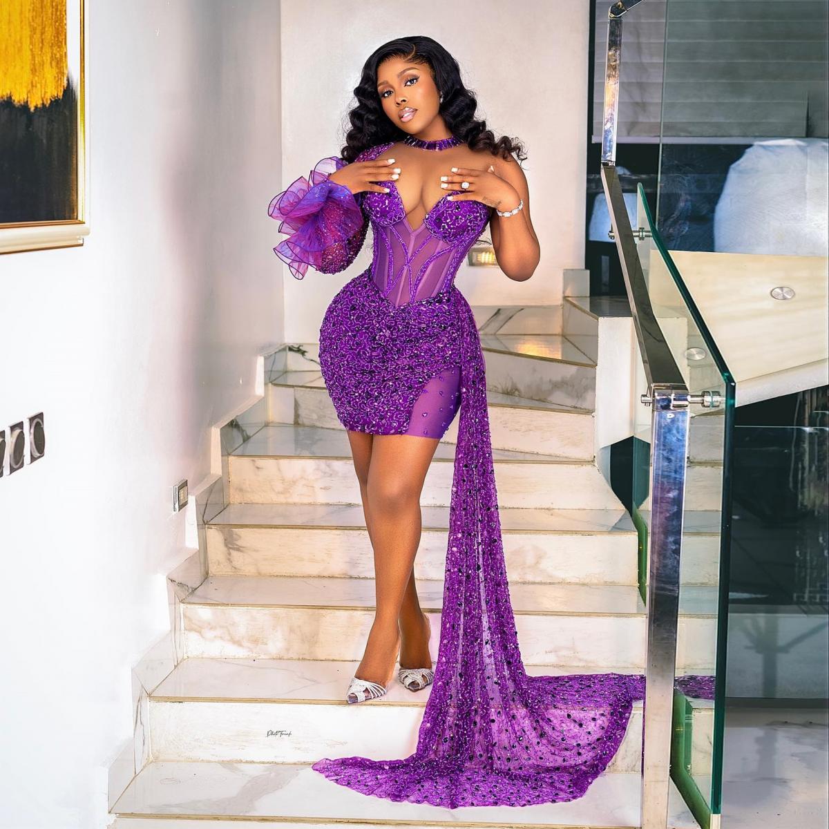 Chic Purple Sequins Beaded Short Prom Dresses African Women Formal Occasion Gowns 2024 Black Girls Cocktail Party Dress