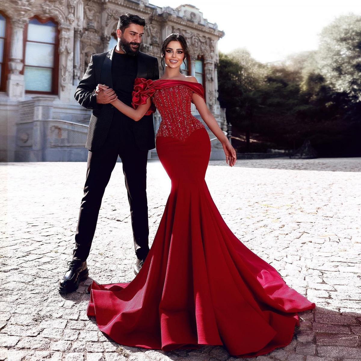 Dark Red Off The Shoulder Mermaid Prom Dresses With Beaded Corset Formal Occasion Dresses Arabic Dubai Women Formal Part