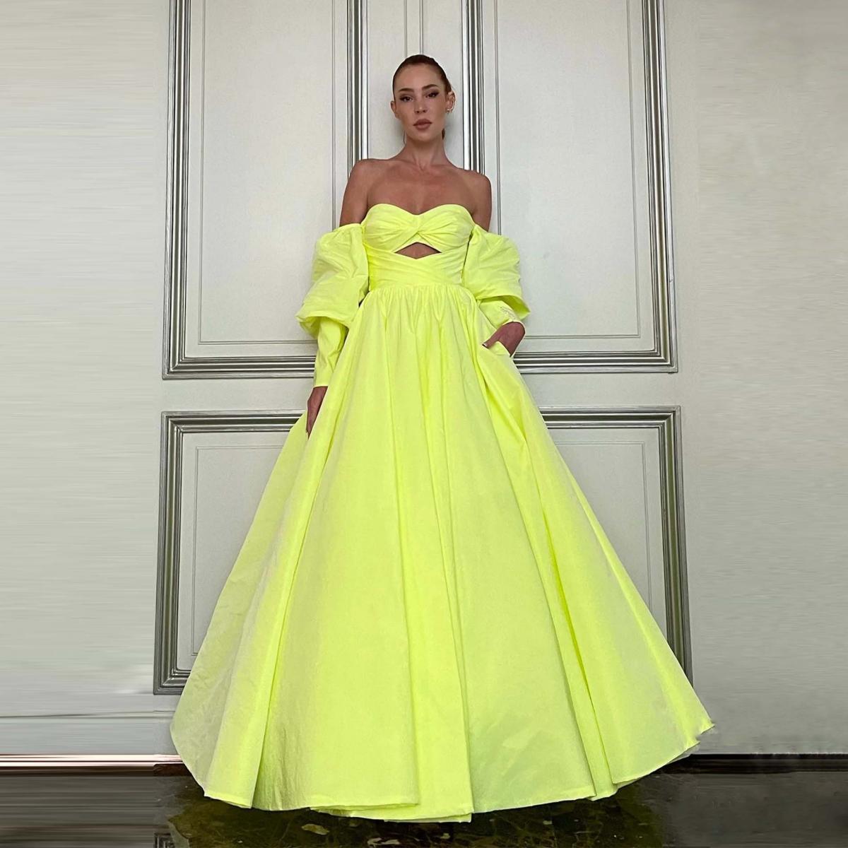 Yellow prom dress with pockets discount