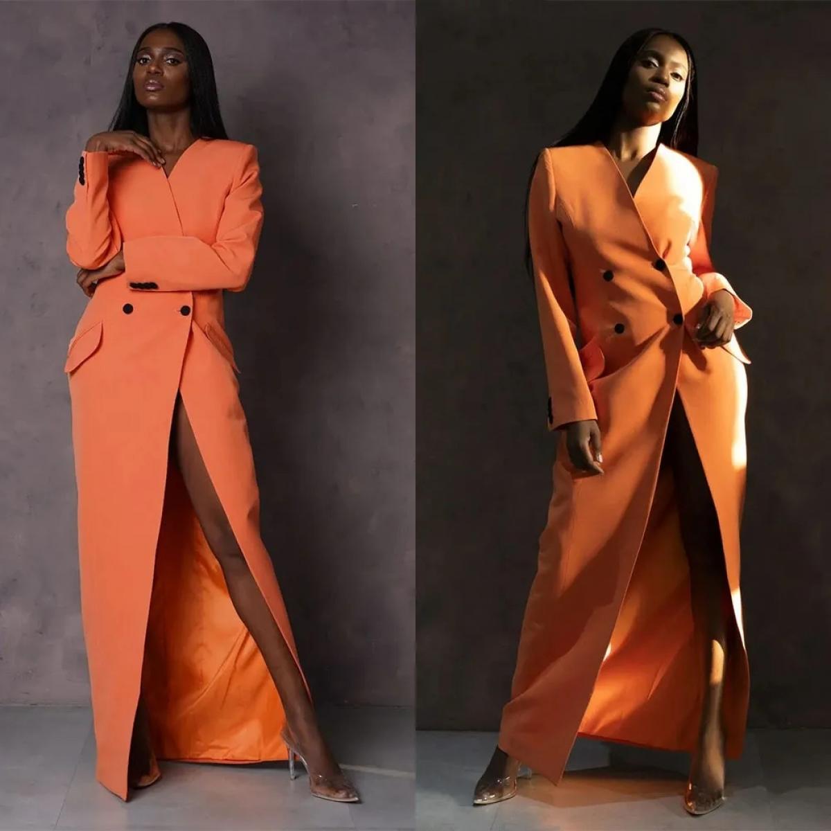 Robe Blazer longue a col en V pour femmes tenue formelle a Double boutonnage sur mesure Orange fete de bal Dr 2024