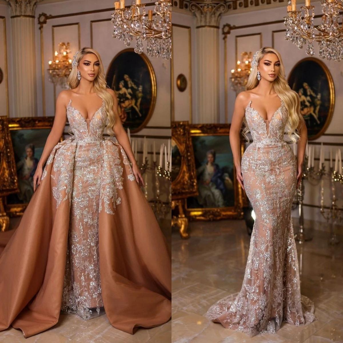 Robe de soiree sirene en dentelle doree avec traine detachable paillettes de luxe appliquees robe d occasion formelle jupe l