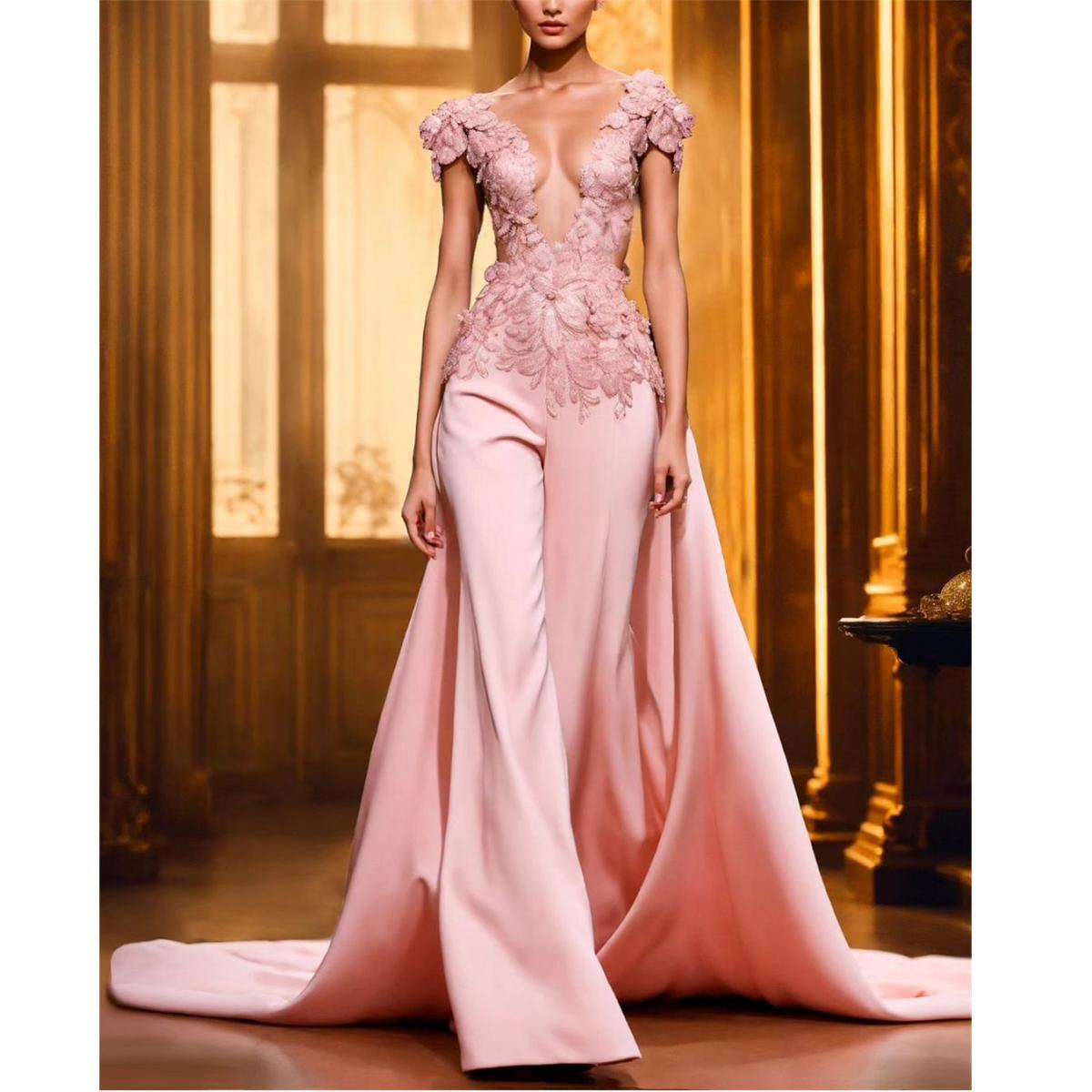 US 173.43 Trendy Pink Embroidery Lace Formal Jumpsuit Women Prom Gowns With Detachable Train Cap Sleeves Arabic Evening Jumpsuits Description