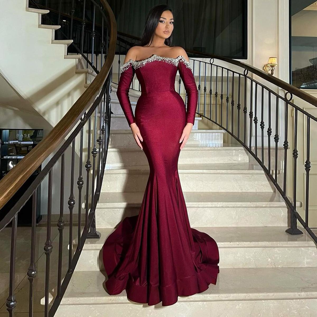 US 144.96 Modest Burgundy Mermaid Evening Dresses Beaded Off Shoulder Long Sleeves Formal Party Dress Vestidos De Fiesta Pearls Pr Description
