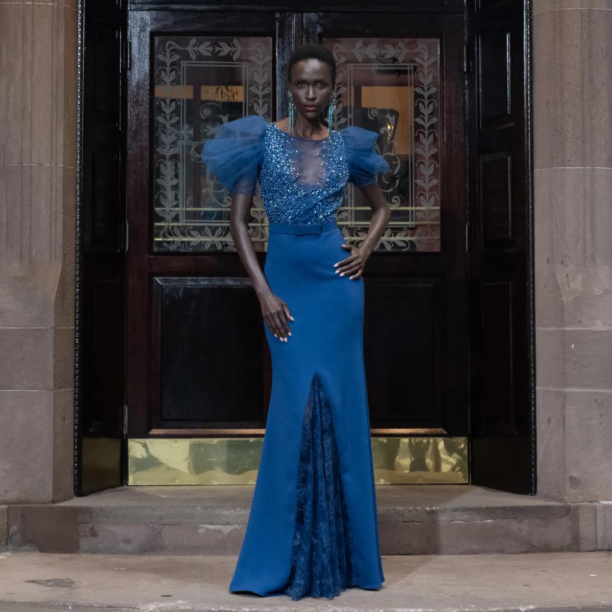2024 Couture blu scuro maxi abiti da sera con tulle arruffato maniche corte in pizzo paillettes abito formale da donna abiti da