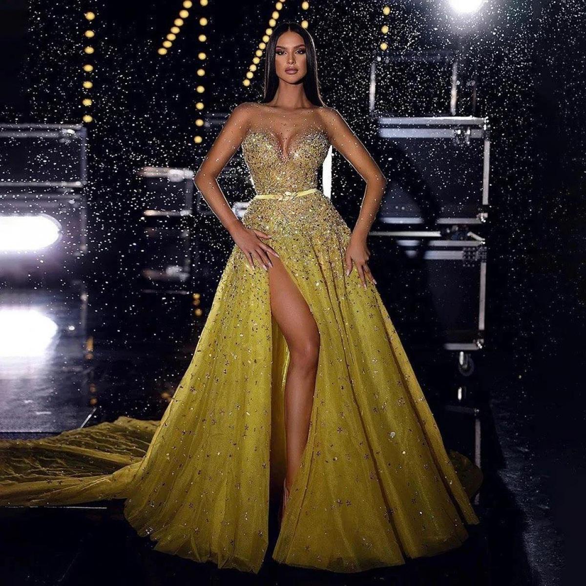 US$193.57-Luxury Beaded Tulle Yellow Evening Dresses Prom Dresses 2024  Arabic Dubai Glitter Sequins Formal Dress Prom Party Gown-Description