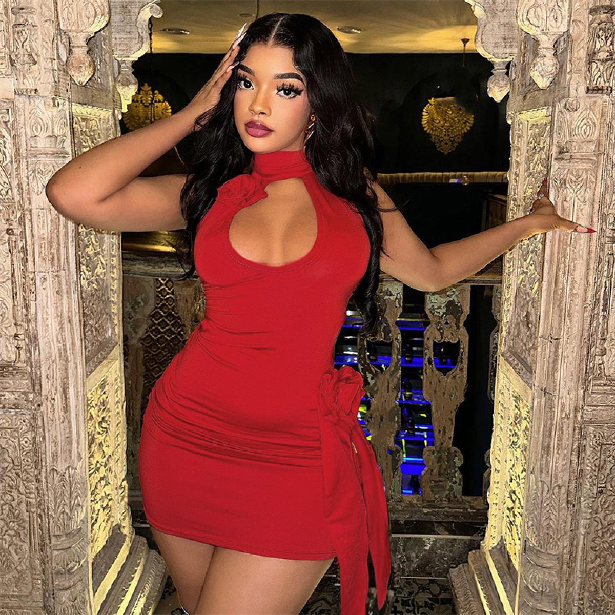 US 39.85 Red Party 3d Floral Appliques Backless Mini Dresses Women Night Club Outfits Cut Out Backless Halter Short Dress 889 Description