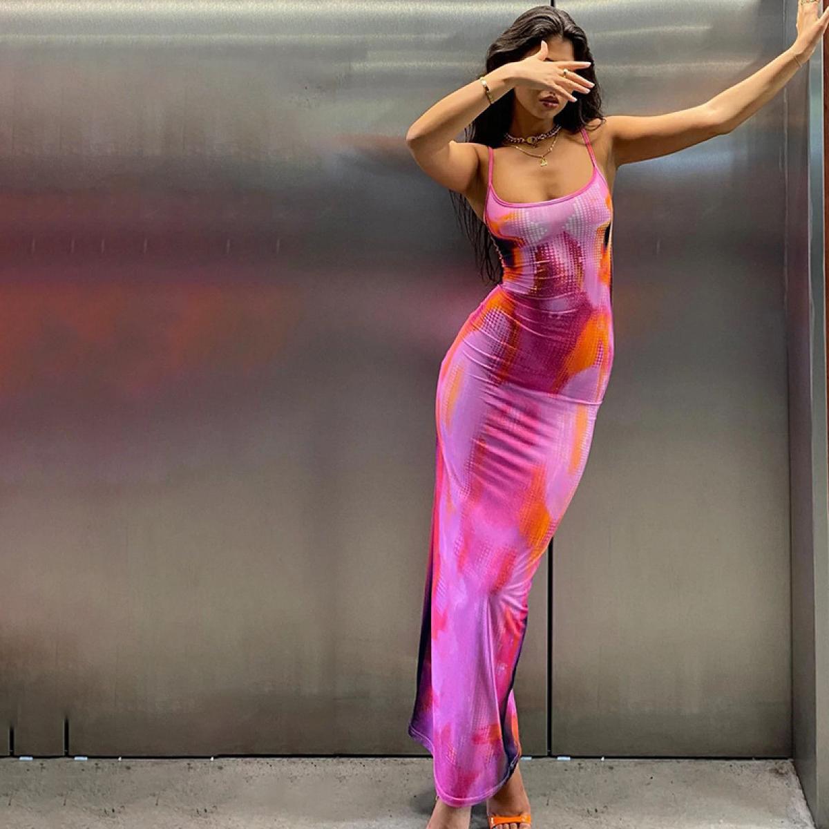 US 29.82 030 Spaghetti Strap Long Backless Slim Dresses Blue Printed Maxi Dress Women Party Night Club Outfits Description
