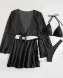  4 Piece Black Bikini Ladies Split Swimsuit Swimwear Women 2022 Mesh Pu