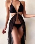  Black 3 Pieces Set High Neck Swimwear Female Swimsuit Cover Ups For Wo