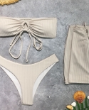  3 Pieces Solid Ribbed Bikinis Set Women  Lace Up Swimsuits Crop Tops 