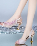  2022  Fashion Women Sandals Block Heeled Mesh Crystal Lady White Pumps