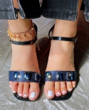  2022 New Falt Women Sandals Female Pvc Square Toe Fashion Crystal Shoe