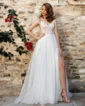  Sparkly Tulle Wedding Dresses Spaghetti Straps High Slit Bridal Gowns 