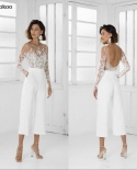  Cheap  Jumpsuit Wedding Dresses Long Sleeves Sheer Neck Backless Lace 