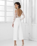  Cheap  Jumpsuit Wedding Dresses Long Sleeves Sheer Neck Backless Lace 