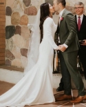 Vestidos de noiva simples de cetim sereia modestos mangas compridas elegante contagem