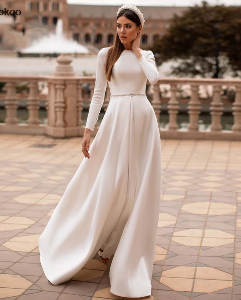  Modest White Wedding Dress Long Sleeve Brush Train Floor Length Lace O