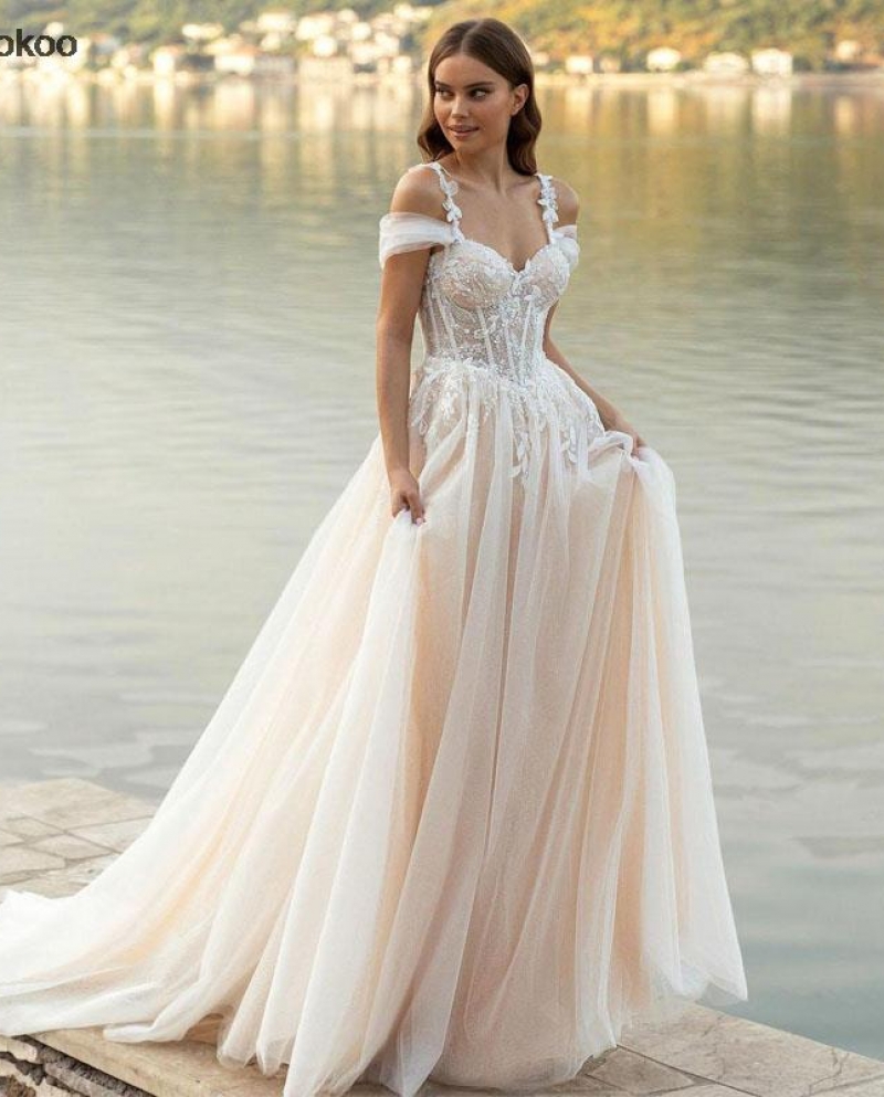 Robes de mariee en tulle boheme pour femmes 2022 appliques de dentelle perle Rob