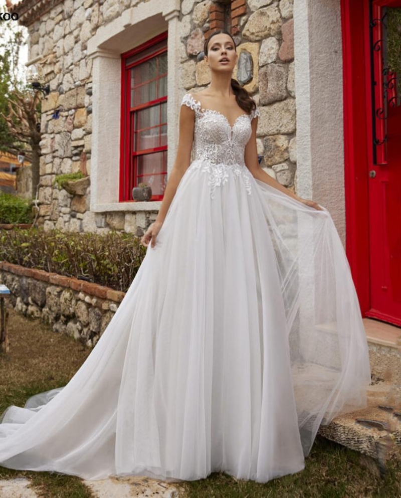  White Wedding Dress 2022 For Women Elegant Scoop Neck Soft Tulle A Lin