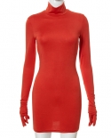  Hirigin Elegant Red Long Sleeve With Gloves Solid Mini Dress Autumn Bi