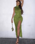  Hirigin Shine Green Turtleneck See Through Slit Maxi Dress Streetwear 