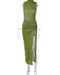  Hirigin Shine Green Turtleneck See Through Slit Maxi Dress Streetwear 