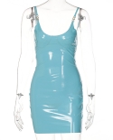  Hirigin Shine Pu Leather Solid Sleeveless Backless Slip Mini Dress 202