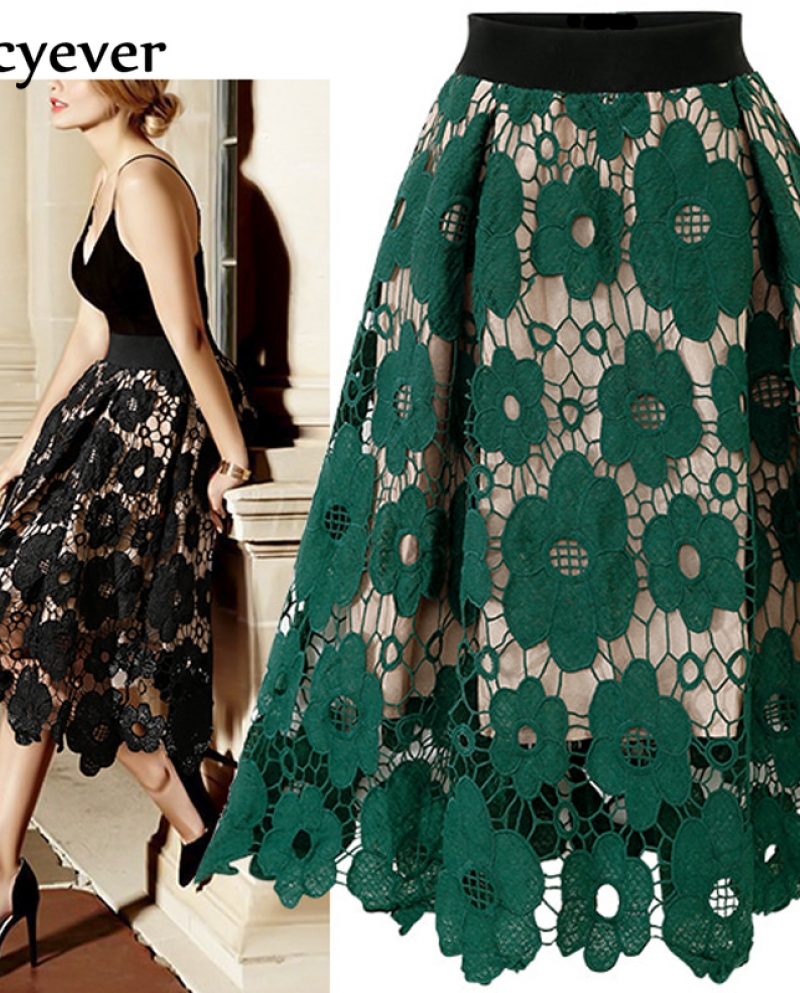  Jmprs Elegant Lace Women Midi Skirt Summer Vintage Solid A Line High W