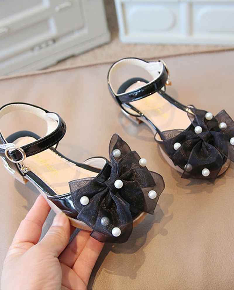ילדים טול קשת פנינה חמוד מוצק חמוד סנדלים מכוסים בהונות לילדות 2022 קיץ נעלי שמלה חדשות לילדים למופע מסיבה