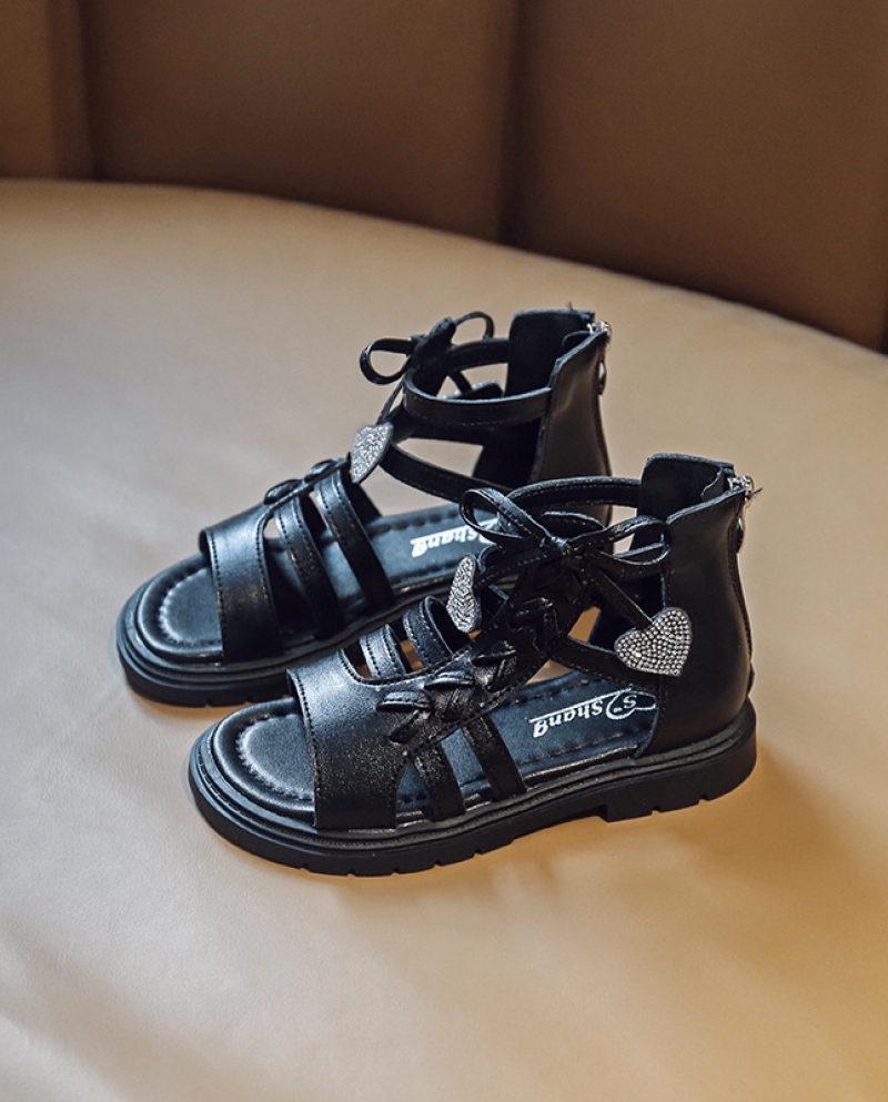 children black open toe all match lace up pu  princess sandals 2022 su