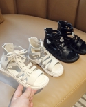 children black open toe all match lace up pu  princess sandals 2022 su