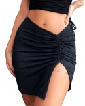 wsevypo נשים חצאית חצאית שסע קטנה בצבע אחיד עם מותניים גבוהות חצאיות עיפרון גוף עם חוף למסיבה לבןחוםשחורים