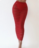 נשים רשת קפלים חצאית bodycon לראות דרך מותן גבוה חצאיות מקסי בצבע אחיד ביקיני חוף כיסויי כיסוי בגדי ים לנשים