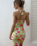 2022 summer bohemian floral mini dress women sleeveless halter v neck 