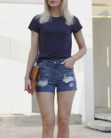 2022 Women Hole Denim Shorts Fashion Casual Simple Summer  Solid Color