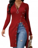  Lady Shirt Long Solid Color  High Split Women Blouse Zipper V Neck Sli