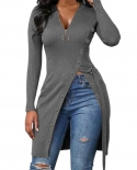  Lady Shirt Long Solid Color  High Split Women Blouse Zipper V Neck Sli