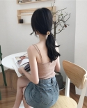  Summer Women Elestic Sling Crop Top Solid Color Knitted Vest Double Sh