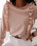  Women Casual Solid Color Long Sleeve Ruffled Edge Back Buttons Shirt B