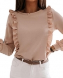  Women Casual Solid Color Long Sleeve Ruffled Edge Back Buttons Shirt B