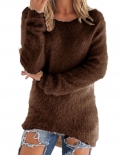  Women Sweater Solid Color Soft Fluffy Irregular Hem Knitted Pullover F